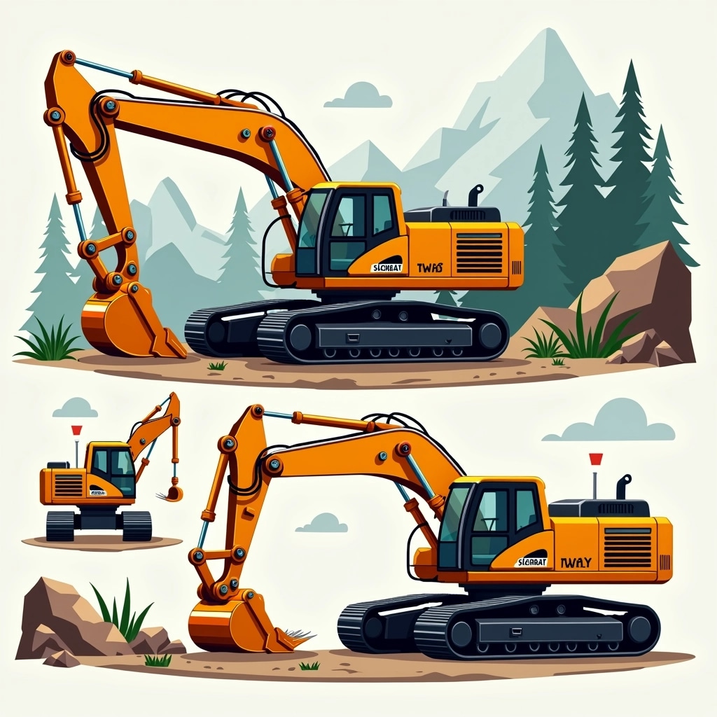 **Design Breakdown: Excavator Concept**
1. **Machine Type:** A large earth-moving excavator.
2. **Color Scheme:** Replace the yellow with a bold orange color for visibility.
3. **Arm Structure:** Slightly elongate the arm for improved reach, with a new hydraulic connection design that appears more streamlined.
4. **Cab Design:** Modify the cab to have a panoramic glass design for enhanced visibility, incorporating a more modern, ergonomic interior.
5. **Tracks:** Change the track pattern to a solid, wider design for better stability on uneven terrain.
6. **Attachment:** Instead of a bucket, use a grabber claw attachment for versatility in different tasks.
7. **Background Elements:** Remove any identifiable brand markings and adjust the terrain to depict a forested area instead of rocky, mountainous terrain.
8. **Lighting:** Add LED work lights to the front and sides of the cab for improved night operation.
9. **Controls:** Integrate a digital control panel within the cab for enhanced functionality and operator ease.
10. **Surroundings:** Depict a construction site with various types of vegetation, machinery, and minimal human presence to reflect an active work environment.