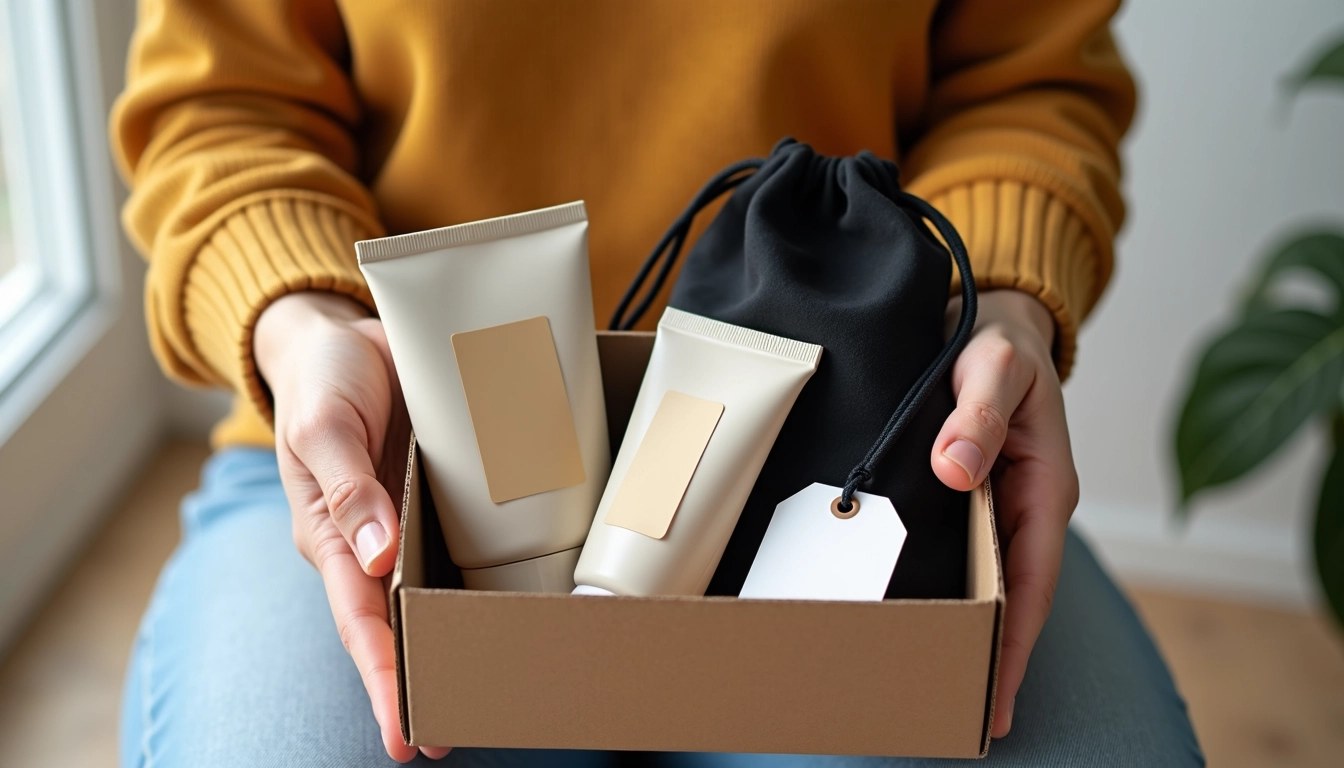 Create a design featuring a person holding an open cardboard box. Inside the box, include two differently shaped tubes (one tall and narrow, one short and wide) with neutral-colored labels. Replace the black pouch with a soft, light-colored fabric bag. Add a blank tag attached to the bag for a personalized message. The background should be a simple, cozy setting with hints of natural light.