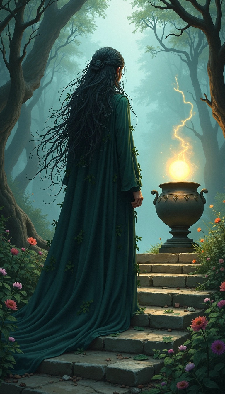 Create an illustration featuring a mystical figure standing on ancient stone steps, facing away. The figure has flowing long hair adorned with leaves and a robe made of intertwining vines. Instead of a cauldron, there's a shimmering orb hovering above a pedestal, casting a dim light. Surround the scene with mist and shadowy, ethereal creatures lurking in the background. Add an enchanting forest setting, with softly glowing flowers and twisted trees to enhance the magical ambiance.