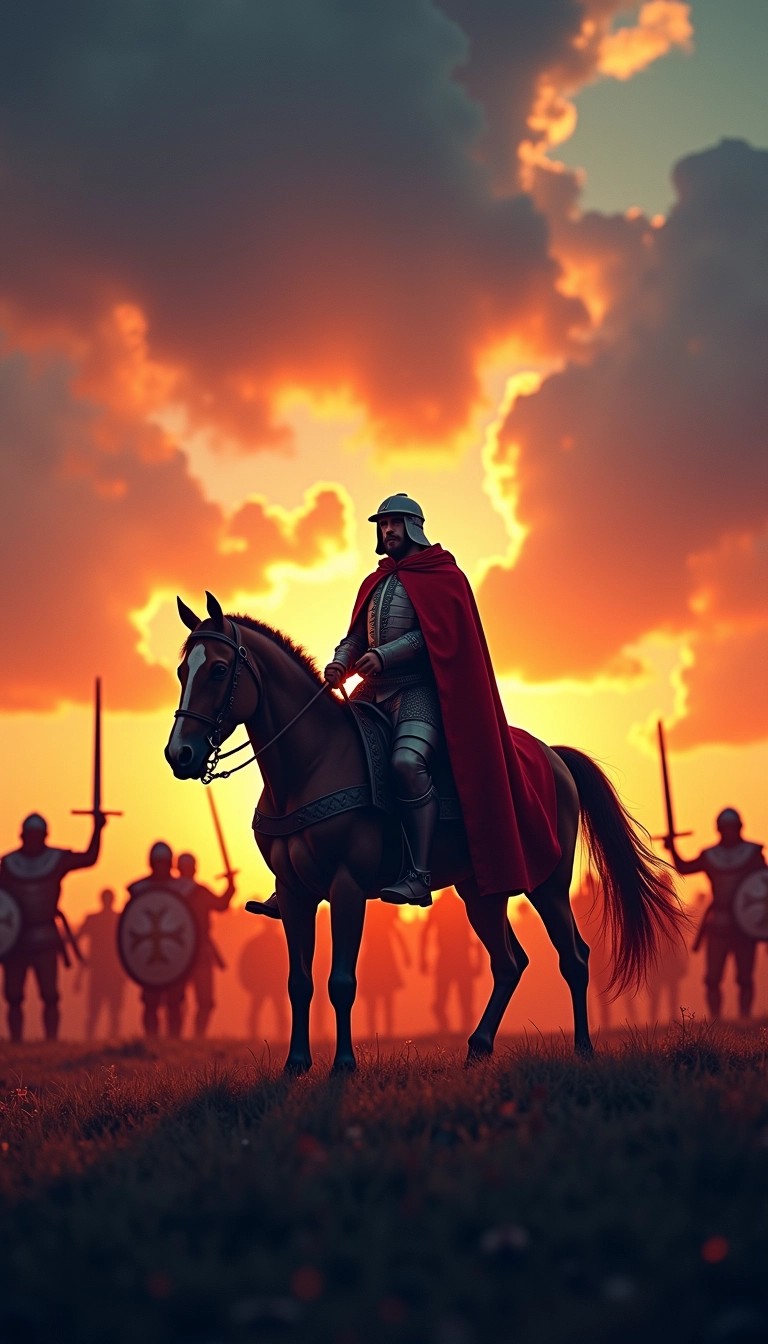 **Prompt for New Image Design:**
Create an epic battlefield scene featuring a heroic figure on a gallant horse, positioned centrally. Instead of a specific emblem or color scheme, use vibrant, contrasting hues to depict a chaotic environment. Surround the central figure with blurred silhouettes of warriors, holding various medieval weapons like swords and shields. The background should suggest a sunset with dramatic clouds, adding to the intensity. Remove any recognizable symbols or brand references, focusing on the theme of valor and conflict.