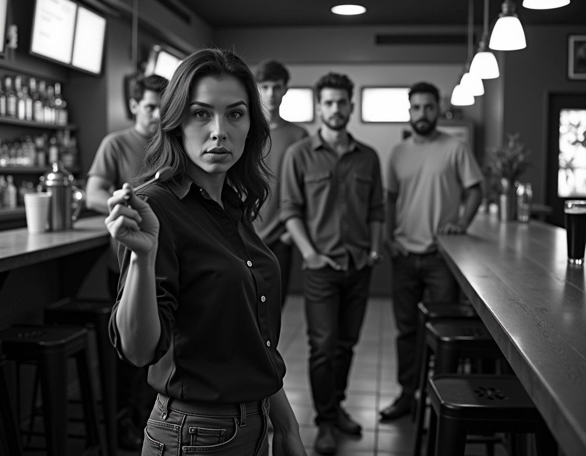 **Image Design Breakdown Prompt:**
- **Setting:** A casual bar environment with dim lighting and a relaxed atmosphere.
- **Subjects:** A group of individuals engaged in a casual game, with one person in the foreground throwing a dart.
- **Main Character:** Change to a woman with a focused expression, wearing a plain dark shirt and jeans. She holds a dart with confidence, with no smoking paraphernalia.
- **Background Characters:** Alter the three men in the background to a diverse group of friends, with varying hairstyles and casual attire, watching with interest but without specific identifying features.
- **Bar Elements:** Remove any visible brand logos from the bar area. Include generic drinks on the counter, like a glass of soda and a pint of water.
- **Composition:** Maintain a black-and-white color scheme but add a subtle grainy texture to enhance the nostalgic feel.
- **Decor:** Keep the decorative elements in the background, such as plants, but make them more generic (e.g., generic potted plants rather than brand-specific decorations).
Use this template to create a new, branded image while maintaining a similar atmosphere and composition.