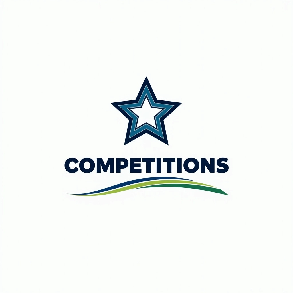 Design Breakdown:
1. **Star Icon**: Retain a star shape but change the color to blue with a silver outline. Modify the inner star to have a gradient effect instead of a solid color.
2. **Text Arrangement**: Change "DA" to "NEW" while keeping "COMPETITIONS." Alter the font style to a bold, modern sans-serif.
3. **Color Scheme**: Replace the green with a deep navy blue for the text and replace the olive green line below with a lighter blue.
4. **Line Element**: Transform the line beneath the text to a wavy form instead of a straight line, maintaining a light blue hue.
5. **Background**: Keep the background white but introduce a subtle texture (like a faint pattern) to add depth without overwhelming the design.
This revised design maintains the original elements while offering a fresh look.