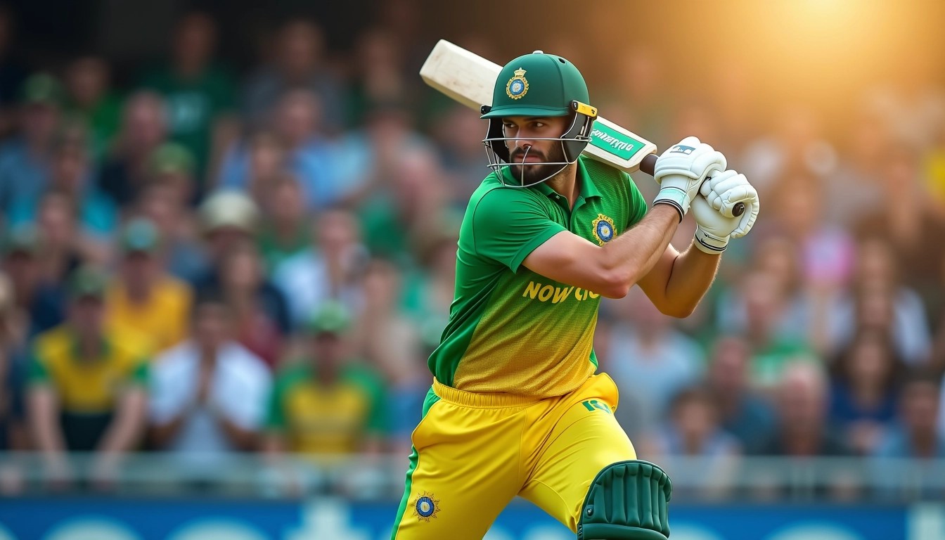 Create an image featuring a cricketer in a dynamic batting pose. The cricketer wears a bright green and yellow uniform, without any brand logos. In the background, include an abstract representation of a cheering crowd with soft light effects. Instead of a specific player name, use the number “23” on the jersey. The overall mood should be energetic and celebratory, with a focus on action and sportsmanship. Add a subtle gradient in the background to enhance depth.