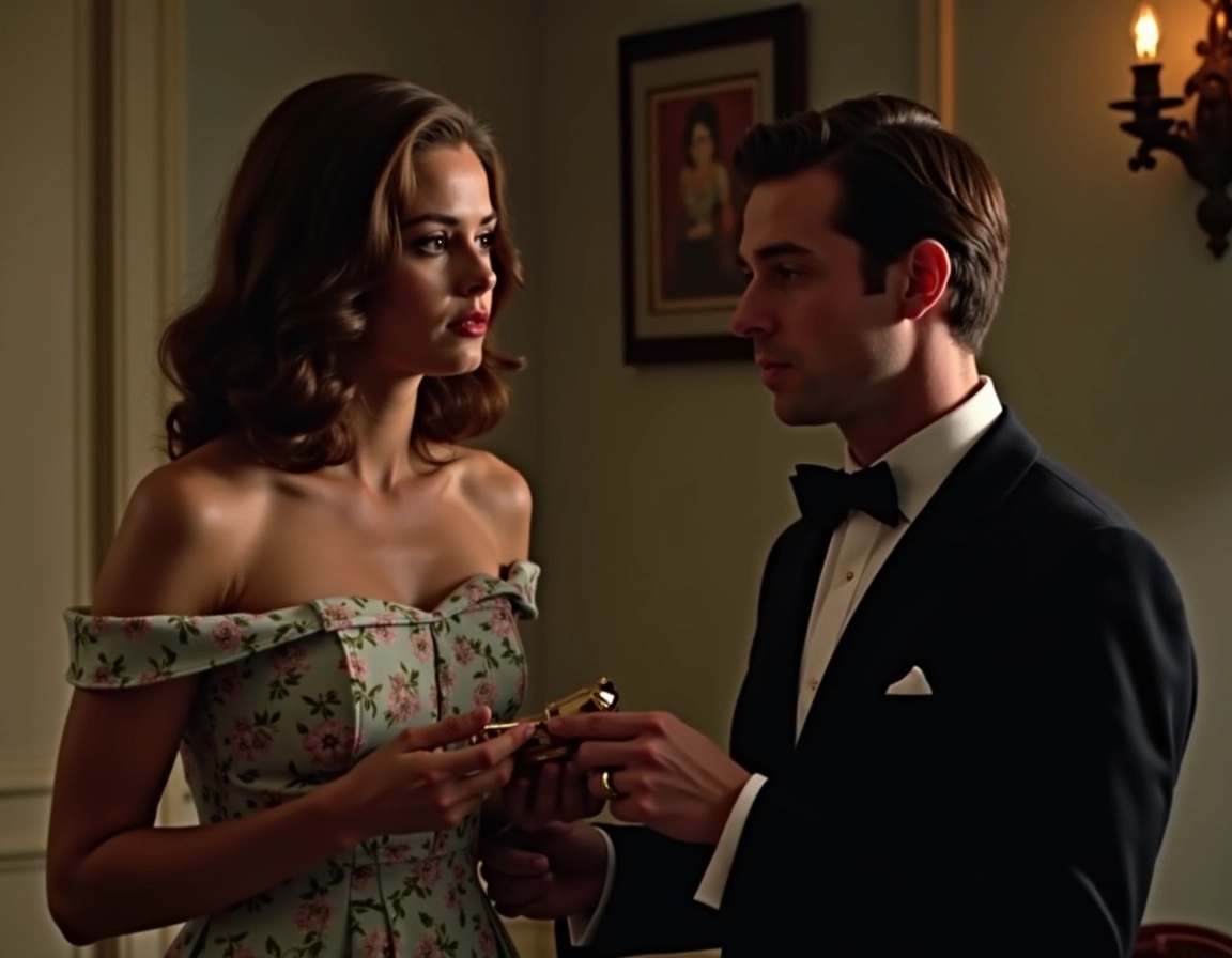Create a scene featuring a woman in a stylish, elegant evening dress in a soft, intimate setting. Change the setting to a dimly lit room with vintage decor. The woman has long, wavy hair and wears a floral-patterned gown with slight off-shoulder sleeves. She appears thoughtful and slightly detached from her surroundings. A man in a formal, dark outfit with a bow tie is positioned behind her, looking at her with a curious expression, but instead of physical contact, he is holding a delicate accessory, like a clutch, near her. The overall mood is one of elegance and contemplation, with warm, muted lighting enhancing the atmosphere.