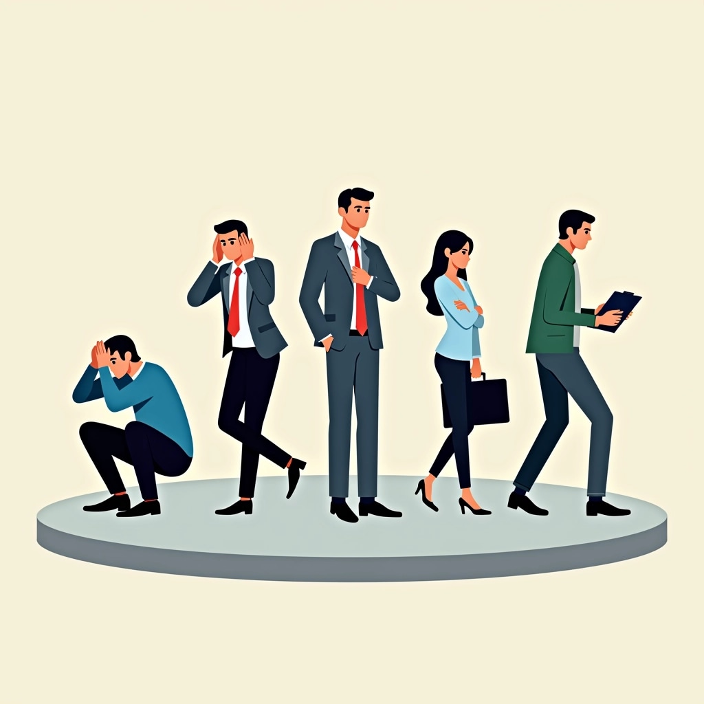 Create a new illustration featuring five stylized figures representing various emotions and attitudes in a professional setting.
1. **Figure 1:** A person crouching with hands on their face, symbolizing stress. Change their outfit to a blue sweater and black pants.
2. **Figure 2:** A person standing tall with hands on their head, expressing frustration. Give them a red tie and a gray suit, ensuring they appear more dynamic.
3. **Figure 3:** A figure with arms crossed, embodying uncertainty, dressed in a light blue shirt and darker trousers.
4. **Figure 4:** A figure walking away, carrying a briefcase, dressed in a green jacket and dark slacks to indicate moving on or change.
5. **Figure 5:** A person standing confidently, holding a clipboard, wearing a casual short-sleeve shirt and jeans.
Arrange these figures on a simple, round platform against a neutral background.