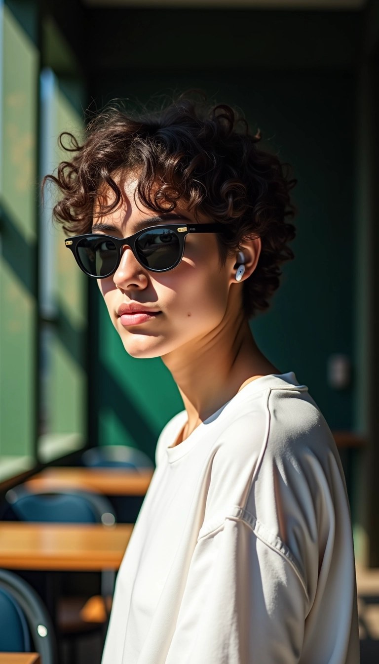 **Design Breakdown:**
1. **Subject Focus**:
- A person with curly hair is centrally positioned, looking slightly off to the side.
2. **Lighting**:
- Natural light creates a contrast between bright and shadowed areas, highlighting the contours of the face while casting shadows around.
3. **Accessories**:
- The subject wears dark, reflective eyewear and small earphones, contributing to a casual vibe.
4. **Background**:
- A blurred green and dark backdrop suggests outdoor seating with structural elements, perhaps indicating a park or café setting.
5. **Color Palette**:
- Dominant colors include warm tones from natural light, deep shadows, and hints of green from the background.
**Modified Features**:
- Change the background elements to abstract shapes instead of identifiable structures.
- Alter the subject's clothing to a different solid color (e.g., blue instead of white).
- Replace the eyewear with a different style that does not have reflective lenses.
- Adjust the lighting to a softer, diffused effect for a more even illumination.