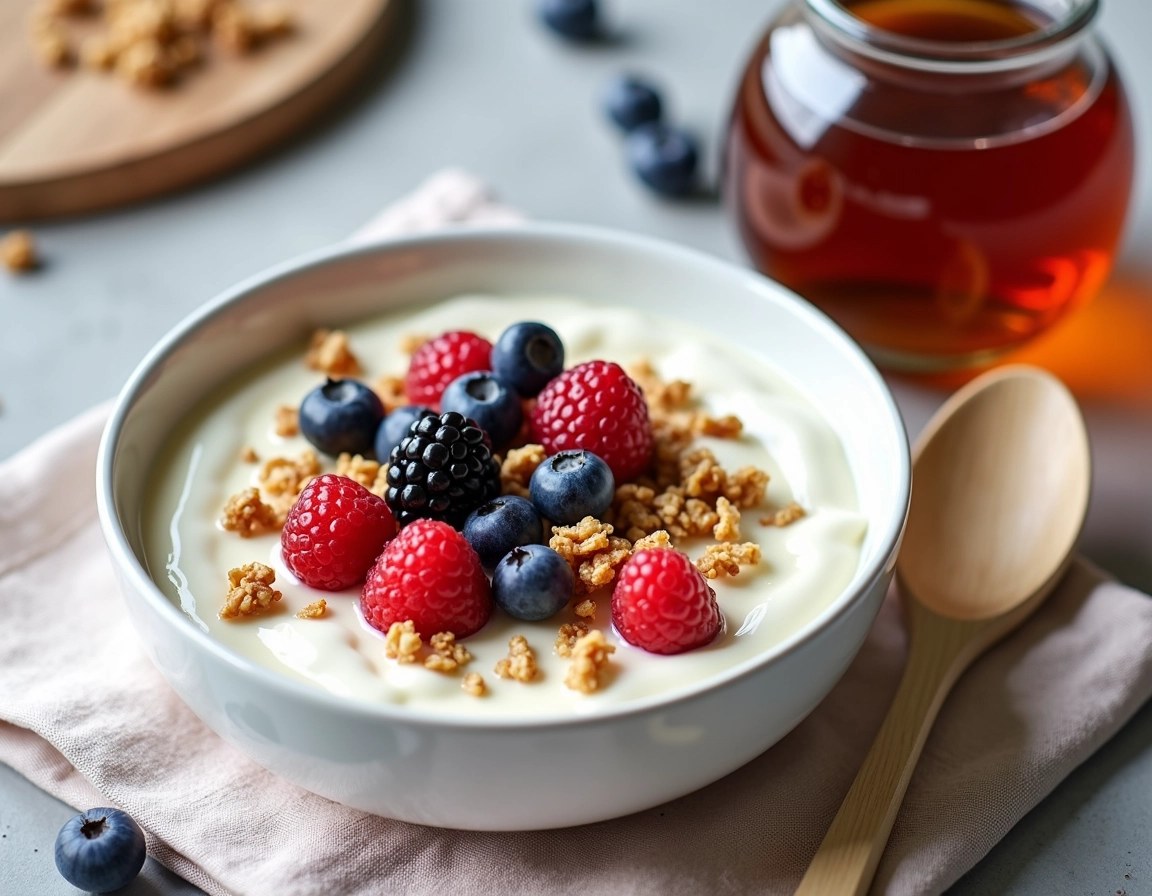Create an image featuring a bowl of creamy yogurt topped with mixed berries and granola. Use a light wooden spoon for serving, and place the bowl on a soft linen napkin with a subtle pattern. Include an elegant glass jar of maple syrup beside the bowl for drizzling, emphasizing a rustic and inviting aesthetic.