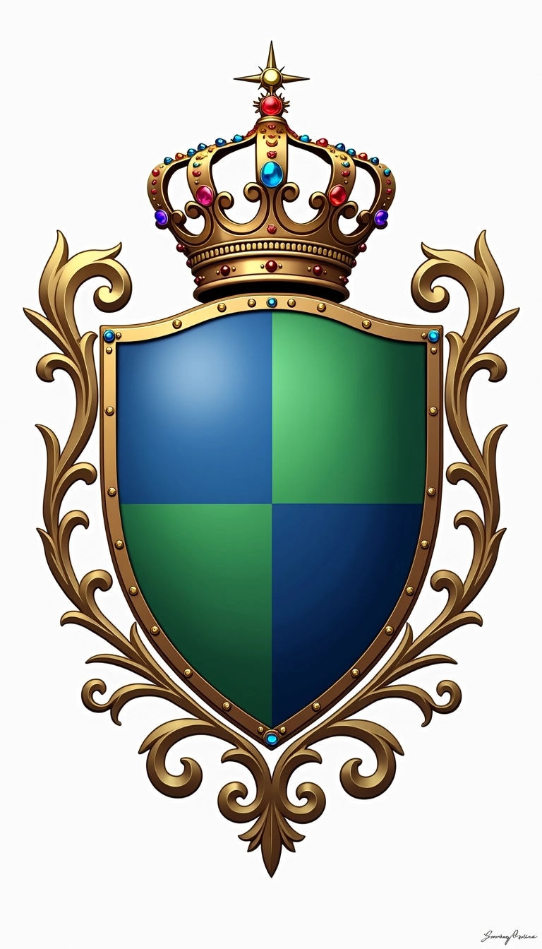 Create a heraldic design featuring a shield with a simple geometric pattern in bold blue and green colors. The shield should be topped with a crown adorned with stylized, colorful jewels. Surround the shield with intricate, swirling floral motifs in shades of gold and silver, giving a sense of elegance. Instead of a traditional cross, place a starburst emblem above the shield. The background remains a plain white to enhance the colors of the design.