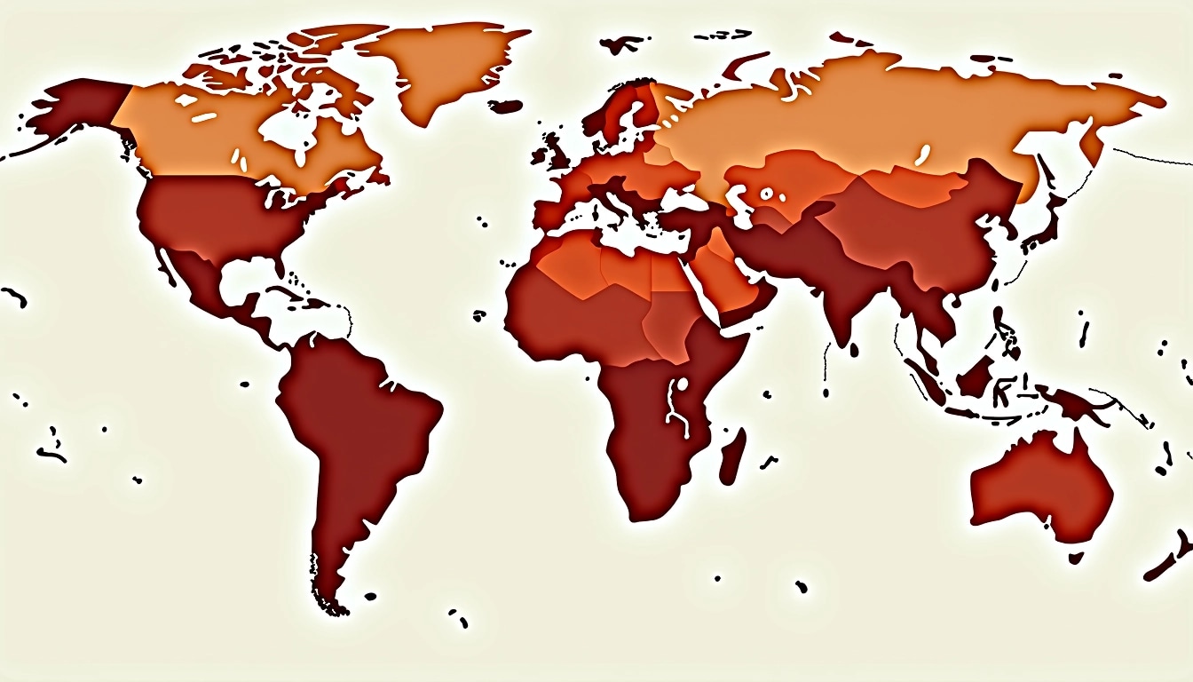 Create a global population density map using a gradient color scheme that ranges from light peach for low density to deep red for high density. Instead of showing "persons per square KM," label the density categories as "Estimated Population Density." Use bolder lines to delineate continents and remove any brand logos. Adjust the background to a soft cream color for contrast and clarity. Include a sidebar legend with a simplified scale: "Very Low," "Low," "Medium," "High," and "Very High" density, each with corresponding gradient shades.