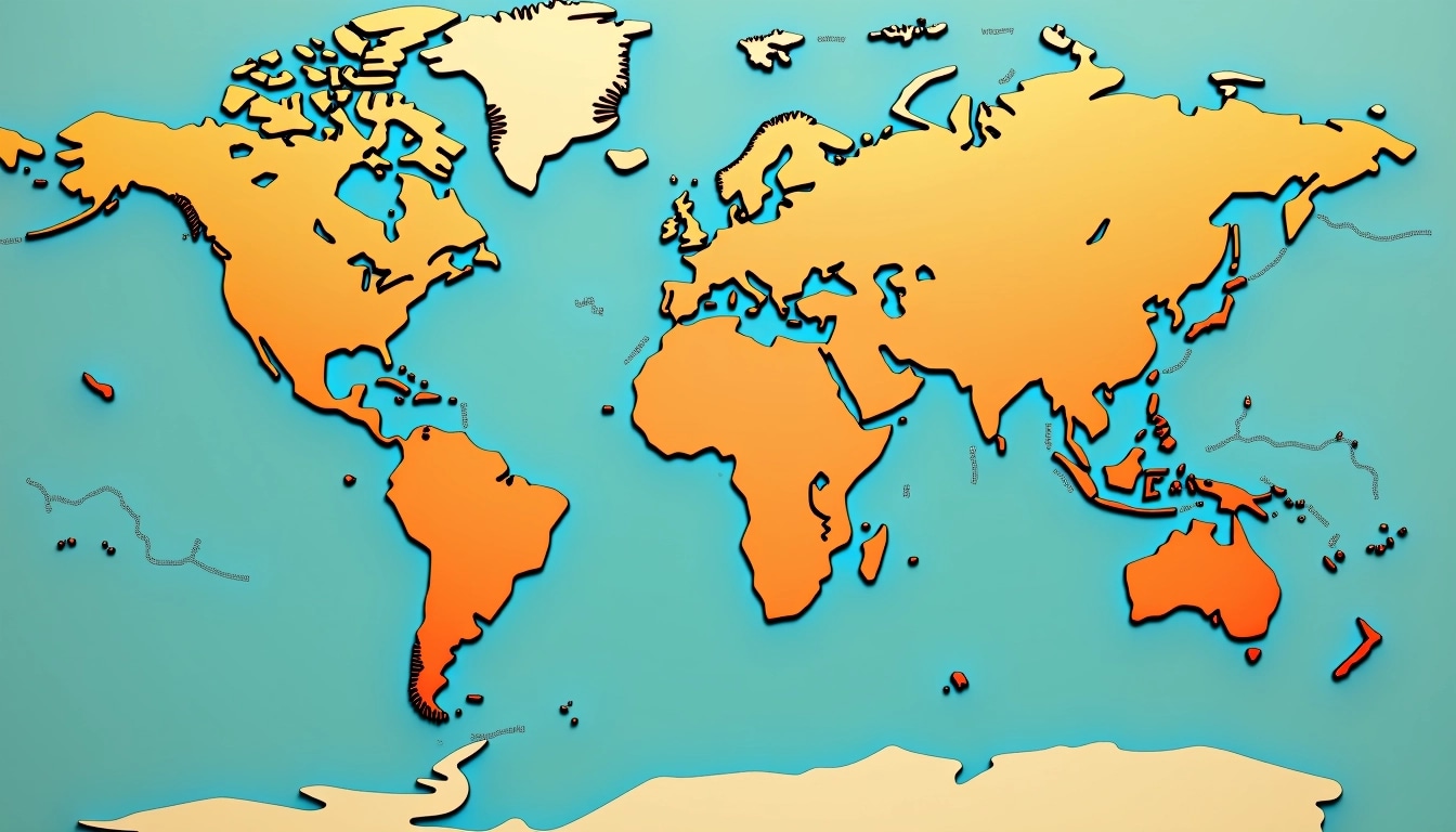 **Design Breakdown:**
1. **Base Color:** Replace the blue background with a soft beige to enhance warmth.
2. **Land Features:** Change the color of landmasses from green and brown gradients to various shades of yellow and orange to suggest a desert-like terrain.
3. **Text Style:** Use a bold, sans-serif font for place names with a contrasting dark brown color, giving a modern look.
4. **Map Lines:** Alter the borders of landmasses to be more jagged and organic instead of smooth and rounded, creating a rugged appearance.
5. **Water Elements:** Modify water features to a deeper teal color and add small waves or currents for a dynamic effect.
6. **Symbols:** Replace existing icons (like buildings and roads) with minimalist, abstract shapes in the same dark brown as the text to maintain consistency.
7. **Labels:** Remove brand references and replace them with fictional place names that evoke a sense of adventure or fantasy.
8. **Map Orientation:** Adjust the north arrow icon to a simple compass rose design placed in a corner, enhancing the overall aesthetic.
9. **Additional Details:** Include subtle texture effects across the land areas to suggest geological features or patterns, avoiding overly complex designs.
This design maintains the essence of a map while providing a fresh and original take.