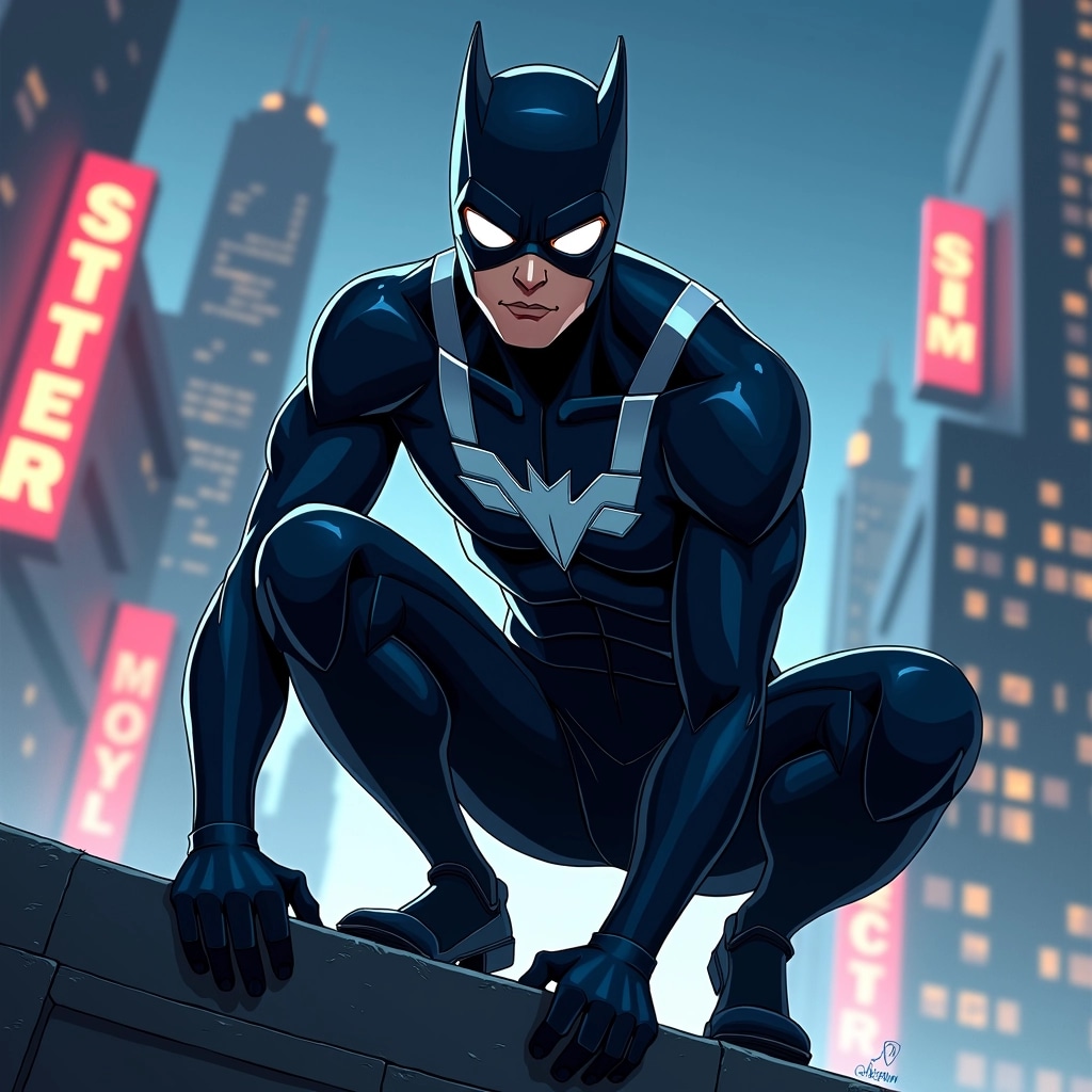 Create an illustration of a sleek, agile superhero in a high-tech suit. The suit should be predominantly a deep navy blue with subtle metallic accents, featuring a simplified emblem that resembles a stylized animal. Instead of large white eyes, the mask should have thin, sharp lenses in a vibrant color, giving it an intense look. The background should depict a futuristic cityscape at night, with glowing neon signs and towering buildings, while the hero crouches on a ledge, ready to leap into action.