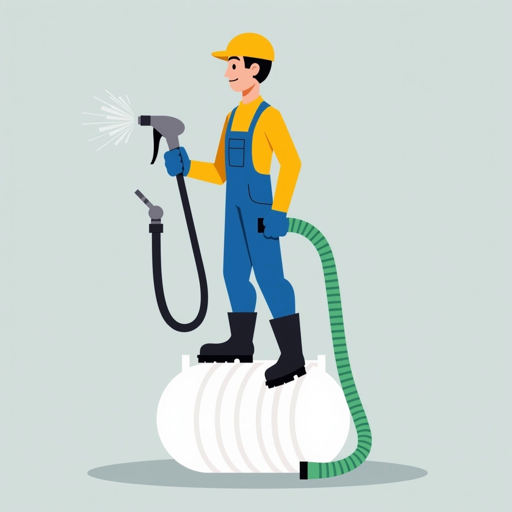 Design a new image featuring a person wearing a bright yellow shirt and blue overalls, standing on a white, rounded container. Replace the black hose with a green one and have the person holding a gray nozzle. The background should be a simple, neutral color. The person should wear sturdy black boots and blue gloves. Adjust the angle to give a wider view of the container, showcasing the totality of the task at hand without any brand references.