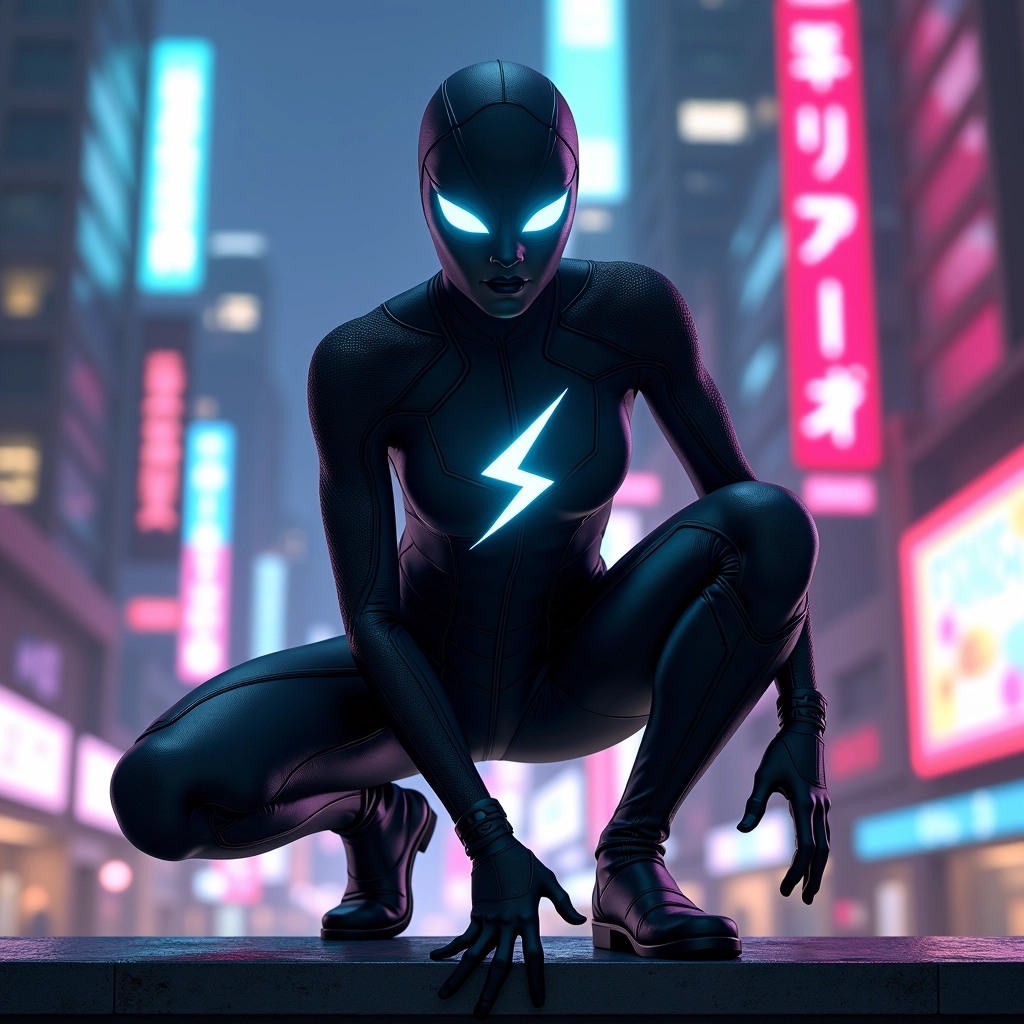Create an image of a character in a sleek, dark bodysuit with a futuristic design. Replace the eye lenses with glowing blue ones and change the emblem on the chest to a stylized lightning bolt. The character should be posed in a dynamic crouch on a ledge, set against a vibrant, neon-lit city backdrop at night. The suit should feature subtle texture detailing, giving it a high-tech look, and the background should have a mix of modern skyscrapers and retro buildings, illuminated by colorful lights.