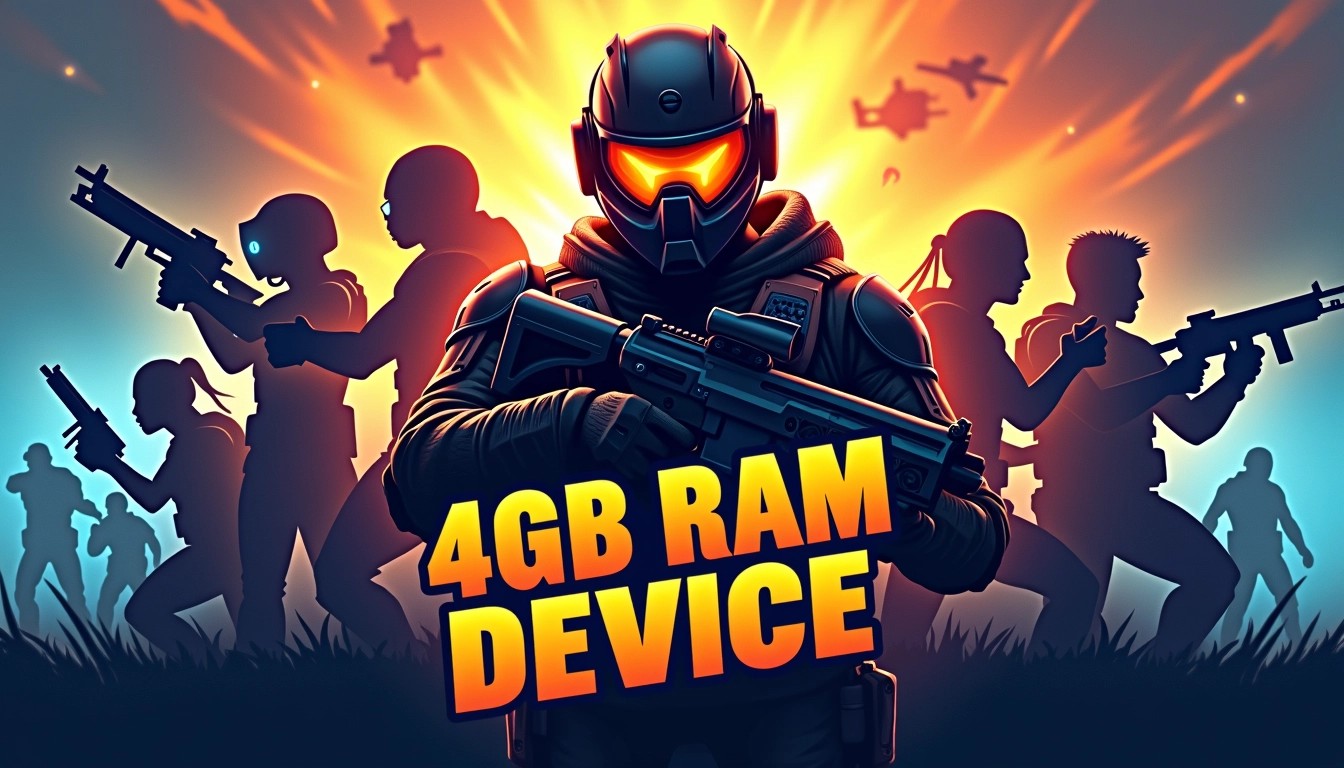 Create an image featuring an action-packed background with a burst of vibrant colors, such as orange and blue. In the foreground, place a stylized character wearing a helmet and tactical gear, holding a futuristic weapon. Surround the main character with abstract silhouettes of various video game characters engaged in dynamic poses, but ensure they are generic and do not reference any specific titles.
At the bottom, include a bold text box with the phrase "4GB RAM DEVICE" prominently displayed in an eye-catching font. Omit any brand logos or specific game titles, focusing instead on conveying the excitement of gaming experiences.