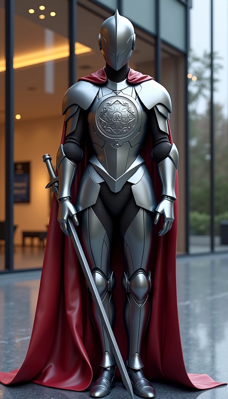 Design a futuristic knight statue featuring a sleek, polished metal body with an intricate pattern engraved on the chest plate. Instead of a spear, equip the knight with a long, elegant sword resting against its side. Change the flowing cape to a high-tech fabric with a subtle shimmer, in a deep crimson color. Position the statue in front of a modern architectural structure with large glass panels, illuminated by soft, ambient lighting to highlight its features. Remove any brand references and symbols.