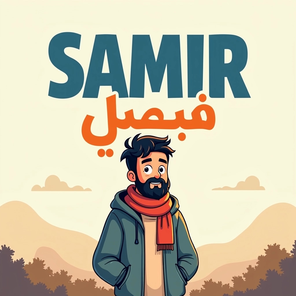 Create an illustration of a person standing in a serene outdoor setting. The character should have an unkempt hairstyle and a beard, wearing a cozy hoodie and a scarf draped casually around their neck.
For the text, use a bold, modern font for the name "SAMIR" in blue at the top, and a stylized Arabic script in vibrant orange directly below it.
The background should feature soft, pastel colors, with faint outlines of trees or distant hills to evoke a calm atmosphere. Remove any brand logos or references to specific products.