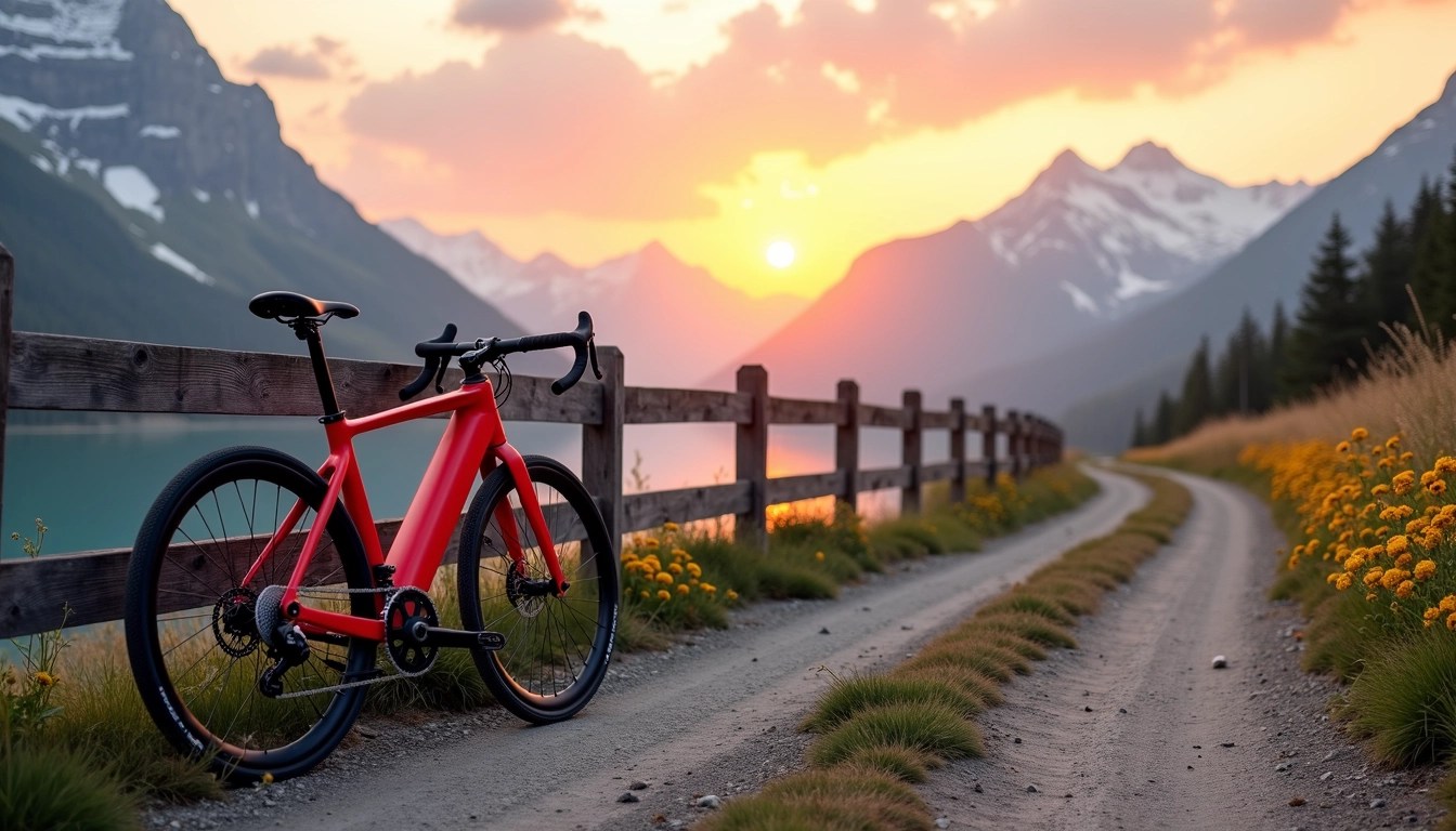 Create an image featuring a mountain scene at sunrise, depicting a sleek, modern bicycle leaning against a wooden fence. The bike should be a bright red color with a matte finish. The mountains in the background should be snow-capped and the sky should have pastel hues of orange and pink. The road should be a winding dirt path, lined with wildflowers instead of greenery, and the clouds should be fluffy and scattered. There should be a tranquil lake reflecting the colors of the dawn in the foreground. Remove all brand references.