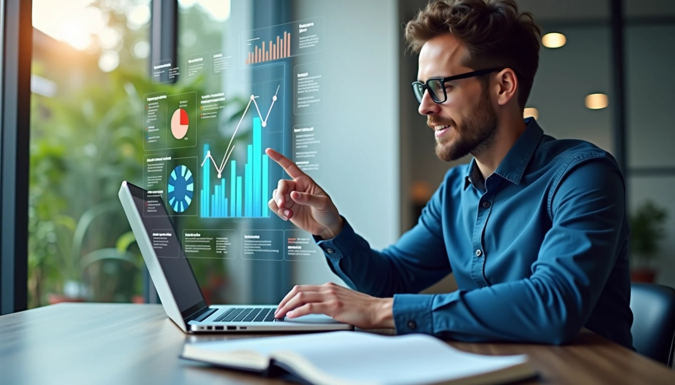 Design a modern workspace scene featuring a person wearing a smart shirt while interacting with a holographic display of data analytics. The data visualization should include various colorful graphs and charts, with an emphasis on positive growth trends. The workspace is well-lit, showcasing a sleek laptop and an open notebook in the foreground, with a blurred background of greenery outside the window. The focus should be on the futuristic interface and the person’s engaged expression, conveying a sense of innovation and productivity.