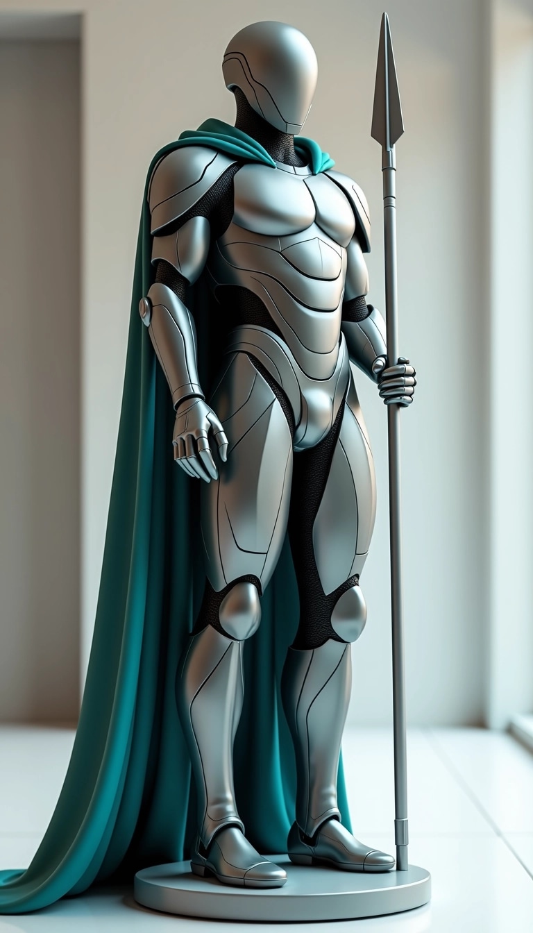 Create a statue design featuring a humanoid figure clad in sleek, matte silver armor with angular details. The figure should wield a futuristic spear and wear a flowing, deep teal cape. Instead of a helmet, the head should feature a smooth, featureless surface. The base of the statue should be simple and elegant, without any brand references or names. Set the statue in a modern, minimalistic environment with soft, diffused lighting to emphasize its form and details.