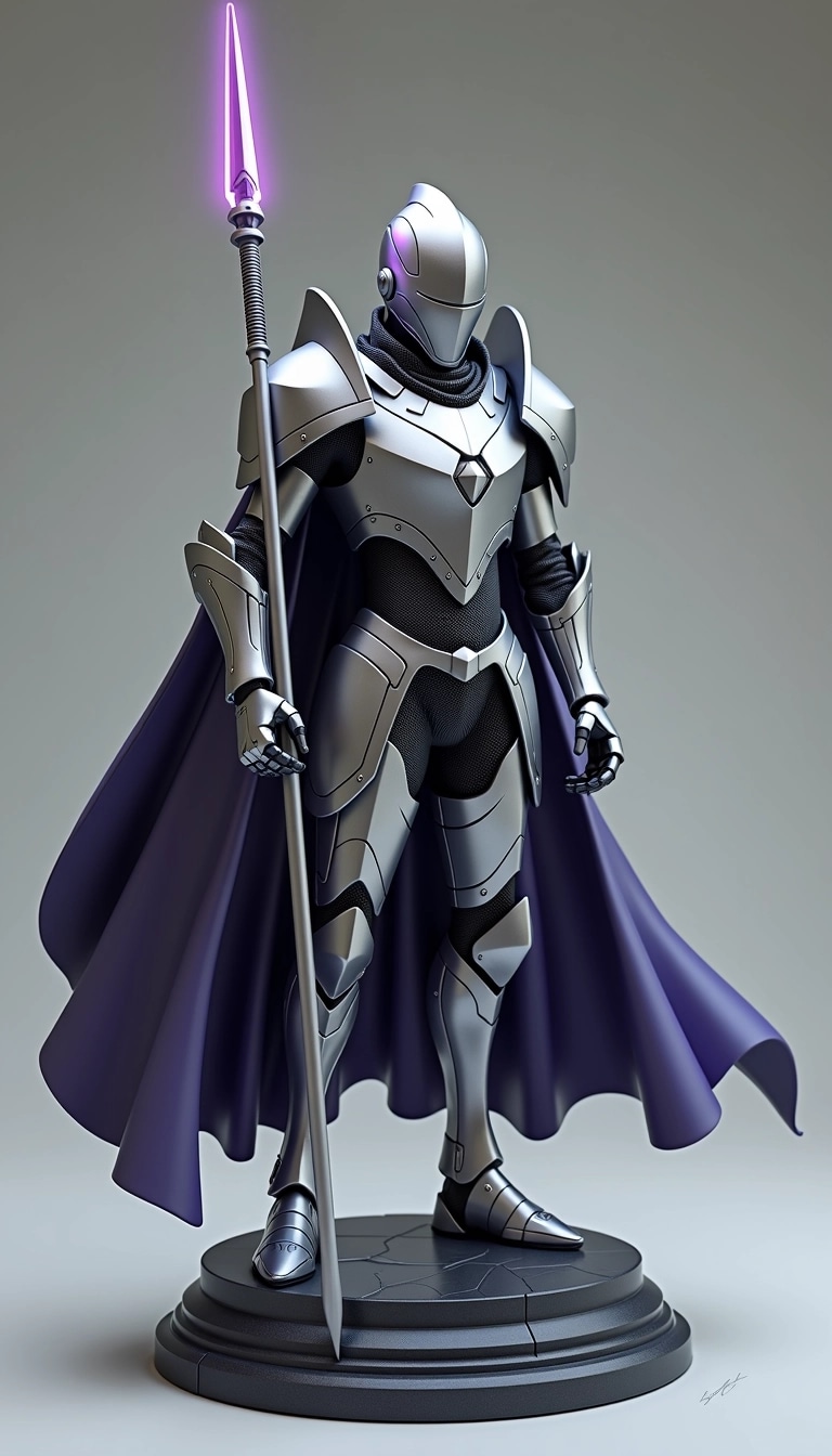 Create a design for a statue of a futuristic knight. The knight should have a sleek silver armor finish with a few accents in deep purple instead of blue. Replace the spear with a high-tech sword that glows faintly. The cape should be a more angular design, giving it a dynamic look as if caught in the wind. The base of the statue should have an abstract shape rather than a rectangular one, and there should be no name or brand references on the base.