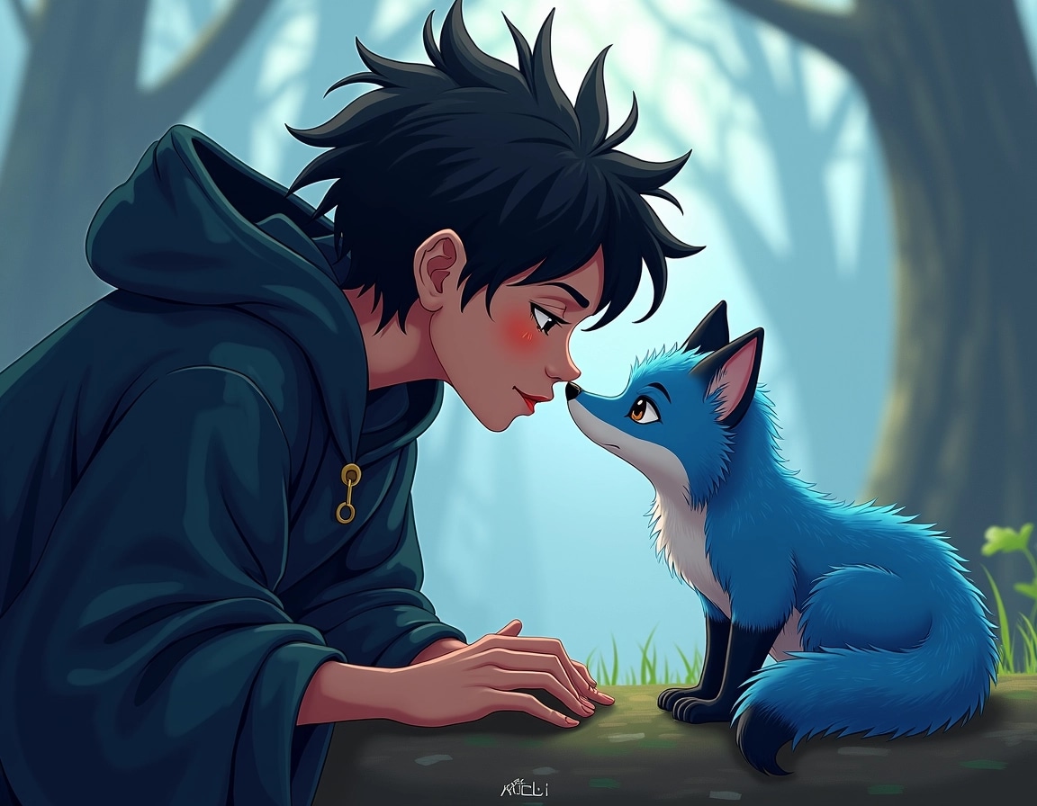 Create an illustration of a person with spiky black hair, wearing a dark hooded cloak, interacting with a small, fluffy blue fox. The person should have a serene expression, gently touching the fox's nose with their own. The background should depict a misty woodland scene with soft, diffused light filtering through the trees, enhancing the magical atmosphere. Use vibrant colors for the fox’s fur and the person's cloak to contrast with the serene backdrop.