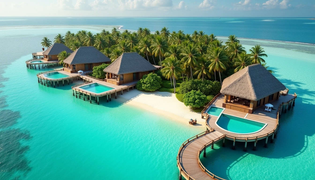 Create a design of a tropical island resort featuring overwater bungalows with thatched roofs, surrounded by a clear turquoise lagoon. Replace the straight dock with a curved, wooden pathway leading to the bungalows. Incorporate a spacious infinity pool with a gradual slippery slope for access instead of a straight slide. Use natural wood textures for the decks and bungalows, and include lush greenery in the background, creating a more rustic and secluded atmosphere. Ensure the overall color palette is warm, incorporating sandy beige and vibrant greens.