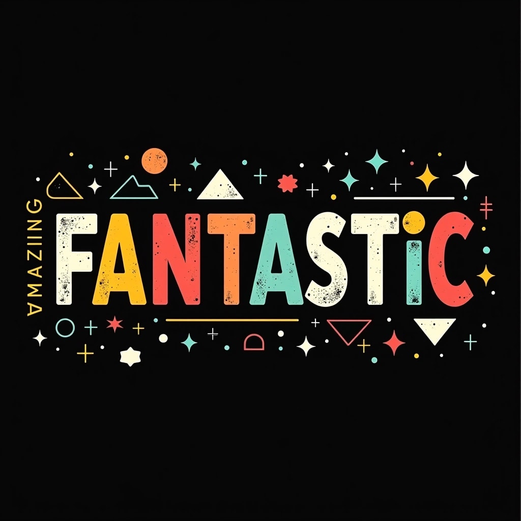Create a graphic design featuring the word "FANTASTIC" arranged in a bold, block font. Change the orientation to vertical. Use a circular yellow dot in place of the "A" in "FANTASTIC." Add geometric shapes like triangles and squares in blue, red, and green around the text. Remove any brand names and include the word "AMAZING" in smaller text repeating vertically along the left and right margins in a bright color, maintaining a solid black background.