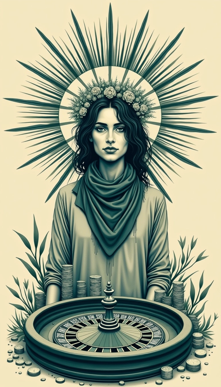Create an illustration featuring a stylized figure representing freedom, with a crown made of flowers instead of spikes. Instead of a bandana, the figure wraps a decorative scarf around its neck. In the background, replace the roulette wheel with a large, intricate sun design radiating lines. Remove any brand references or logos, and include abstract shapes and elements that signify prosperity, like stacks of geometric shapes resembling coins, without any dollar signs. The color scheme should consist of subtle grayscale tones with hints of green and blue for depth.