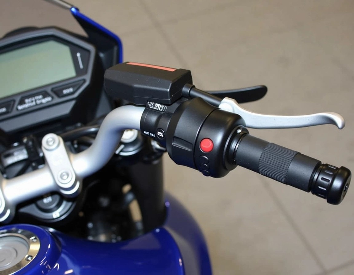 Design a motorcycle handlebar setup featuring a sleek, matte black grip instead of the textured rubber. The clutch lever should be slightly more angular and metallic, with a matte finish, positioned similarly but without brand markings. Remove the numerical indicators and substitute with simple, minimalistic icons to represent functions like turn signals and high beam. Use a solid, neutral background instead of a patterned floor, ensuring the focus remains on the handlebar elements.