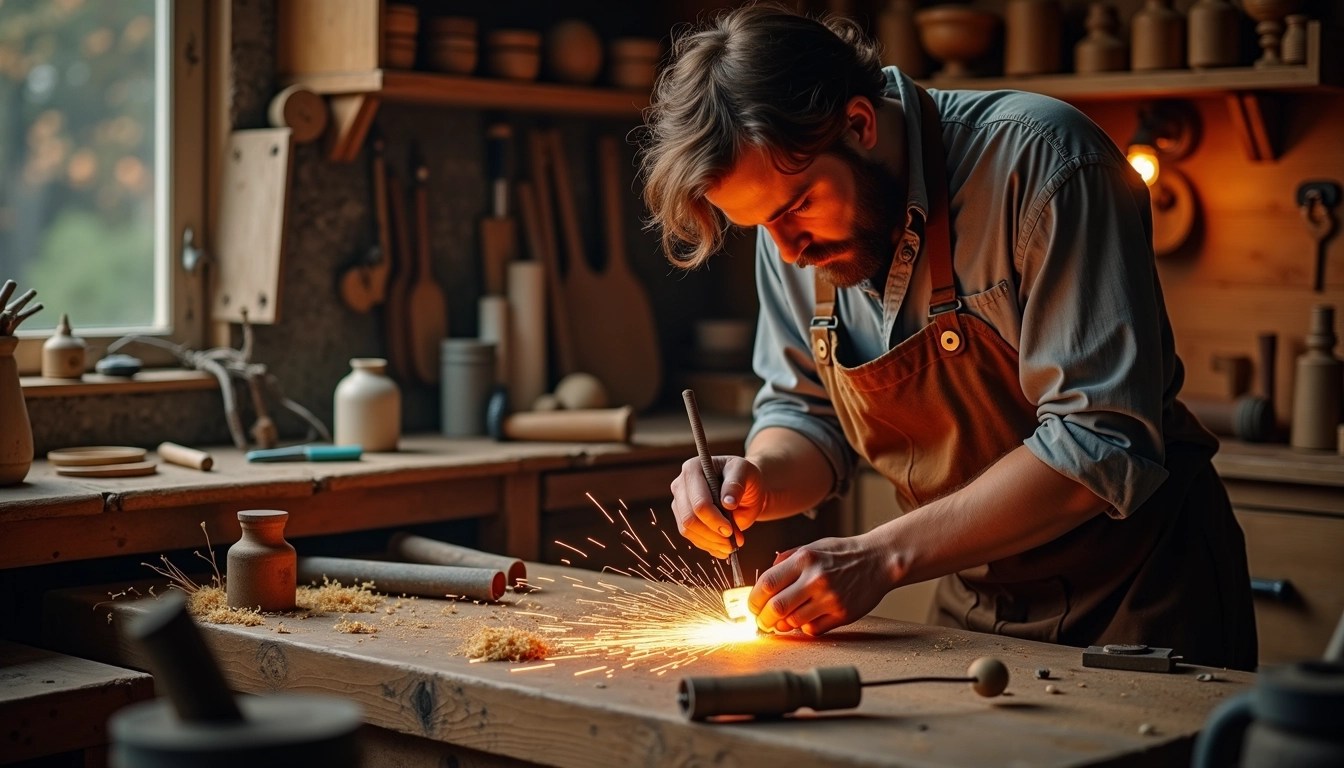 Create an image of a craftsman working at a wooden workbench, using a hand tool to shape a glowing piece of metal. The scene is warm and ambient, with soft lighting illuminating the workspace filled with various tools and wood shavings. The craftsman is wearing a long apron and a loose shirt, with the focus on the metal piece as sparks fly around it. The background features shelves lined with small handmade items and tools, evoking a cozy workshop atmosphere.