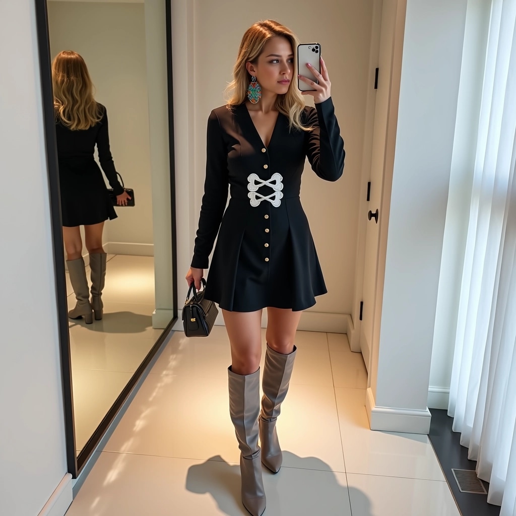 **Prompt:**
Create an image of a person taking a mirror selfie in a modern interior. The outfit consists of a stylish black dress with decorative white ribbons along the front but remove brand names. The individual should be wearing knee-high boots in a neutral color instead of black. Change the hairstyle to loose waves and add a pop of color with accessories like a bright handbag or colorful earrings. Ensure the background is minimalistic, with neutral tones and a polished mirror.