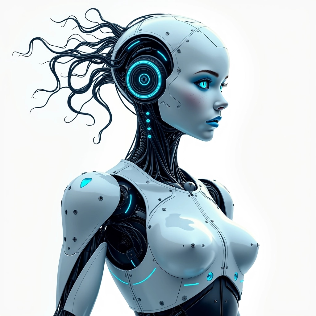 Create an illustration of a humanoid robot with a sleek design, featuring smooth metallic surfaces and glowing blue accents. The robot should have an abstract, geometric hairstyle made of luminous wires, and instead of traditional human features, it should have a digital display for a face showing various expressions. Remove any brand references and emphasize a futuristic, streamlined body structure with intricate circuitry visible through transparent panels. The background should be minimalistic, focusing attention on the robot itself.