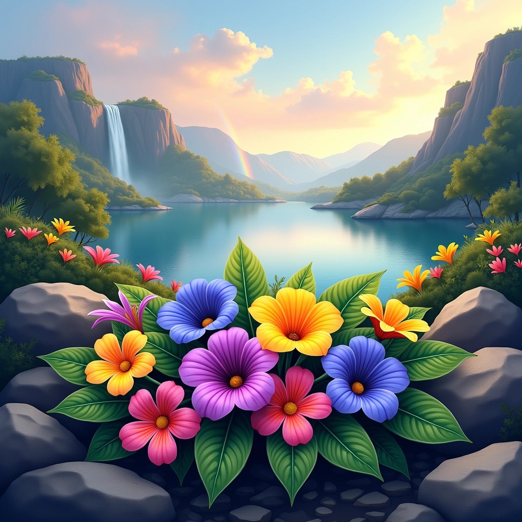 ### Revised Design Breakdown
**Composition:**
- Central arrangement of colorful flowers amidst rocky terrain.
- Background featuring rolling hills and a misty landscape, with a hint of a waterfall and a rainbow.
**Flowers:**
- Change the flower colors to vibrant shades of purple, yellow, and blue.
- Introduce a more exotic, larger flower variety for added visual interest.
- Add variations in petal shapes and sizes.
**Leaves:**
- Modify the leaves to be broader and heart-shaped, providing a lush and tropical feel.
- Include droplets of water on leaves for a fresh, morning effect.
**Background:**
- Include a serene lake in the background instead of a rocky landscape, reflecting the colors of the sky.
- Decrease the intensity of the rainbow to a subtle gradient.
- Replace some of the distant flowers with trees, introducing a more forested atmosphere.
**Lighting:**
- Adjust the lighting for a soft, golden hour effect, casting gentle shadows and highlighting the textures of the flowers.
This revised design keeps the floral theme while offering a distinctive and refreshing look.