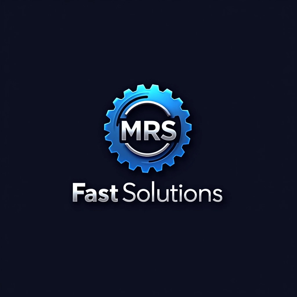 Create a logo featuring a bold, stylized abbreviation "MRS" in a metallic silver finish. Surround the abbreviation with a dynamic circular design in a vibrant blue color, incorporating a gear motif to suggest industry and efficiency. The text below should read "Fast Solutions" in a modern sans-serif font, also in silver, on a dark background. Adjust the layout to maintain balance, ensuring the elements are visually appealing and convey a sense of professionalism without specific brand references.