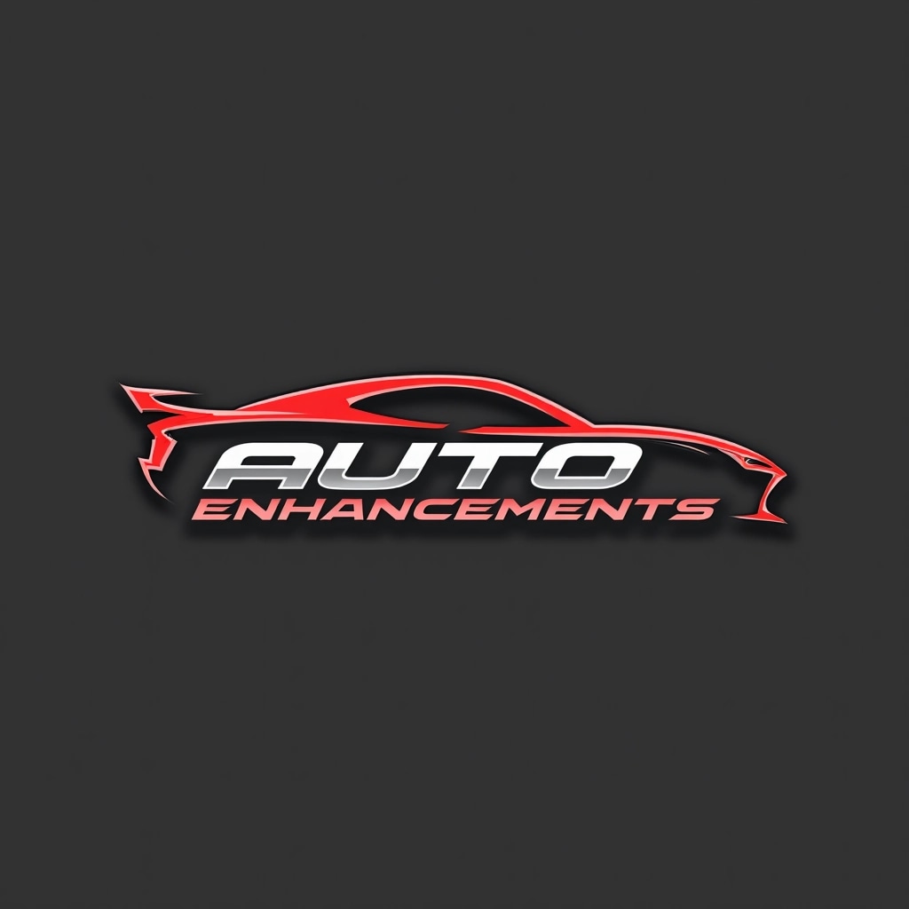 **Logo Design Breakdown:**
1. **Color Scheme:**
- Change the colors to a combination of red and silver for a bolder appearance.
2. **Car Outline:**
- Modify the silhouette to represent a more angular, sporty vehicle model.
3. **Text Font:**
- Use a sleek, modern font with a slightly italic style for a more dynamic look.
4. **Text Arrangement:**
- Position the main text above the vehicle outline and replace the tagline with "AUTO ENHANCEMENTS".
5. **Gear Icon:**
- Replace the gear icon with a wrench to emphasize car service.
6. **Background:**
- Switch the background to a deep grey to create contrast with the logo elements.