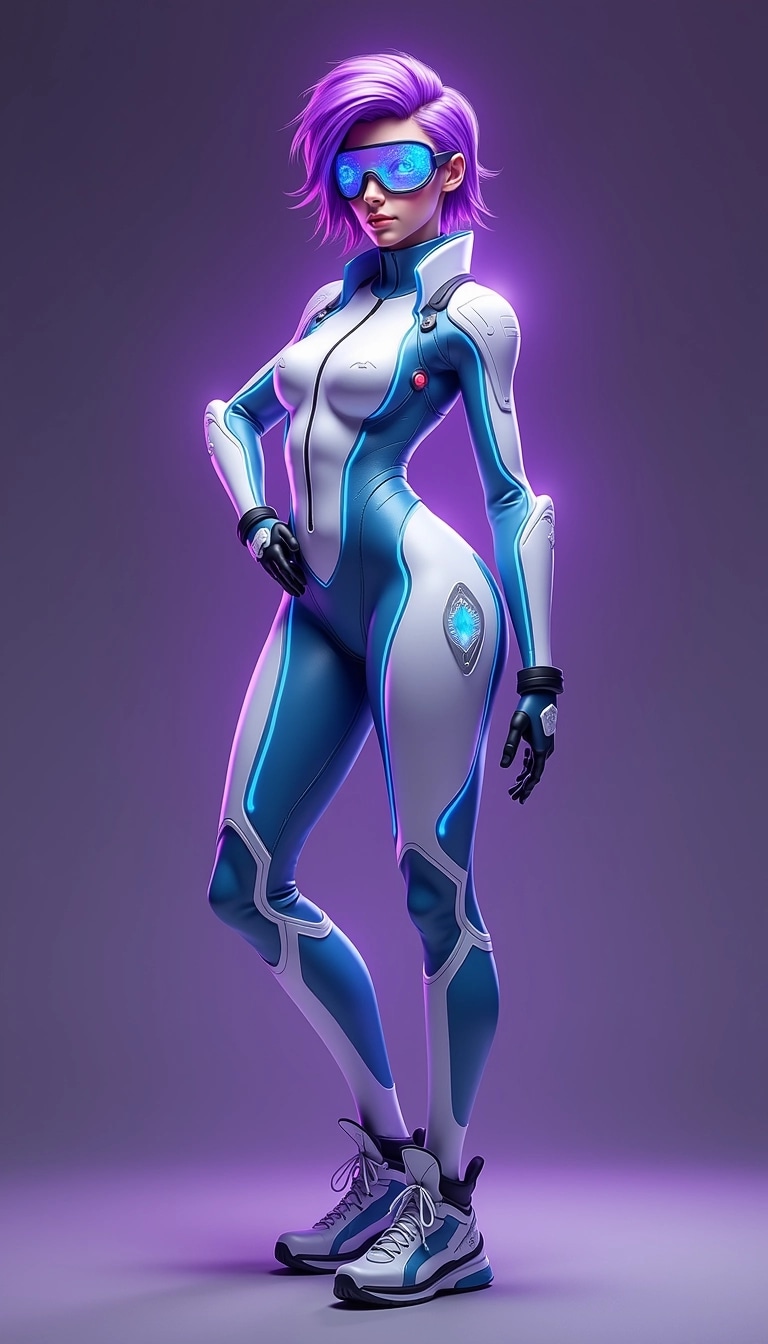 Design an image of a futuristic character in a sleek, form-fitting suit.
**Features to include:**
- The character has vibrant purple hair styled in an edgy cut.
- The suit should have a mix of light blue and white colors with glowing accents.
- Add a visor that displays a digital interface with animated graphics.
- The character stands confidently with one hand on their hip and the other gesturing as if communicating.
- The background should be a gradient of dark purple to light purple, giving a dynamic, sci-fi feel.
- Remove any brand symbols or names to ensure originality.
Feel free to mix in other sci-fi elements like mechanical accessories or digital effects!