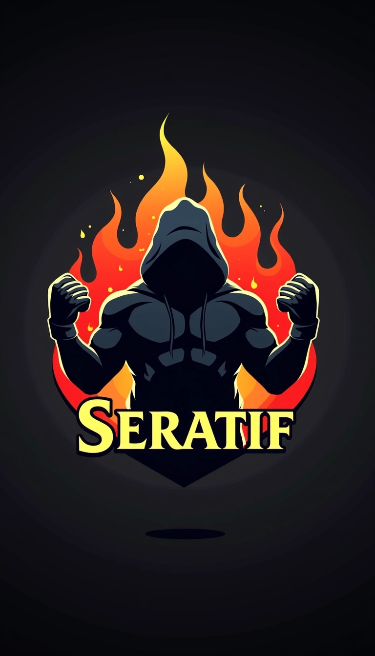 Design a logo featuring a silhouette of a hooded figure with a strong, muscular build, standing confidently with hands raised as if ready for action. Replace the boxing gloves with two stylized, upward-facing claws to suggest power and agility. Behind the figure, incorporate abstract flames with a gradient of red and orange for a dynamic look. Use a bold, modern font for the name, positioned beneath the figure, with a word that conveys strength and resilience. The background should be a smooth gradient from black to dark gray, adding depth without distractions.