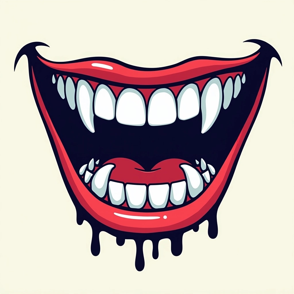 Create a graphic design featuring a wide, exaggerated smile with sharp, white teeth. The mouth should be outlined in a vibrant, dark blue rather than red, with subtle dripping effects suggesting a playful theme rather than a sinister one. Incorporate irregular, jagged edges around the mouth's outline to enhance the chaotic look without any brand elements. The background should be a soft, neutral color to make the mouth stand out prominently.