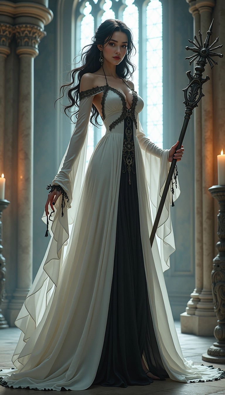 Design a character in a gothic cathedral setting, wearing a long, flowing white robe with accents of black. The robe should have intricate lace details. The character has a striking expression and is holding a fantasy-themed staff instead of a weapon. Their hair is styled elegantly, complementing their mysterious aura. The background features tall, arched windows with soft, filtered light illuminating stone pillars and ornate candle holders, creating an ethereal atmosphere. The overall vibe should blend elegance with a hint of danger, while avoiding any brand references.