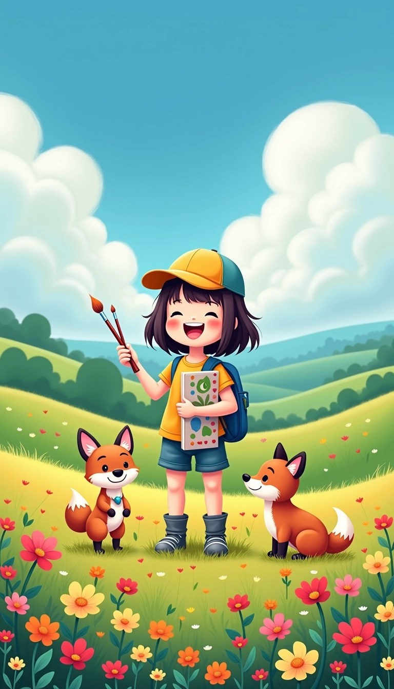 Create an illustration featuring a joyful child with straight hair, wearing a cap, standing in a vibrant field of flowers. The child holds a paintbrush and a sketchbook, with a playful puppy and a friendly fox by their side. The background should depict rolling green hills under a clear blue sky with fluffy clouds.