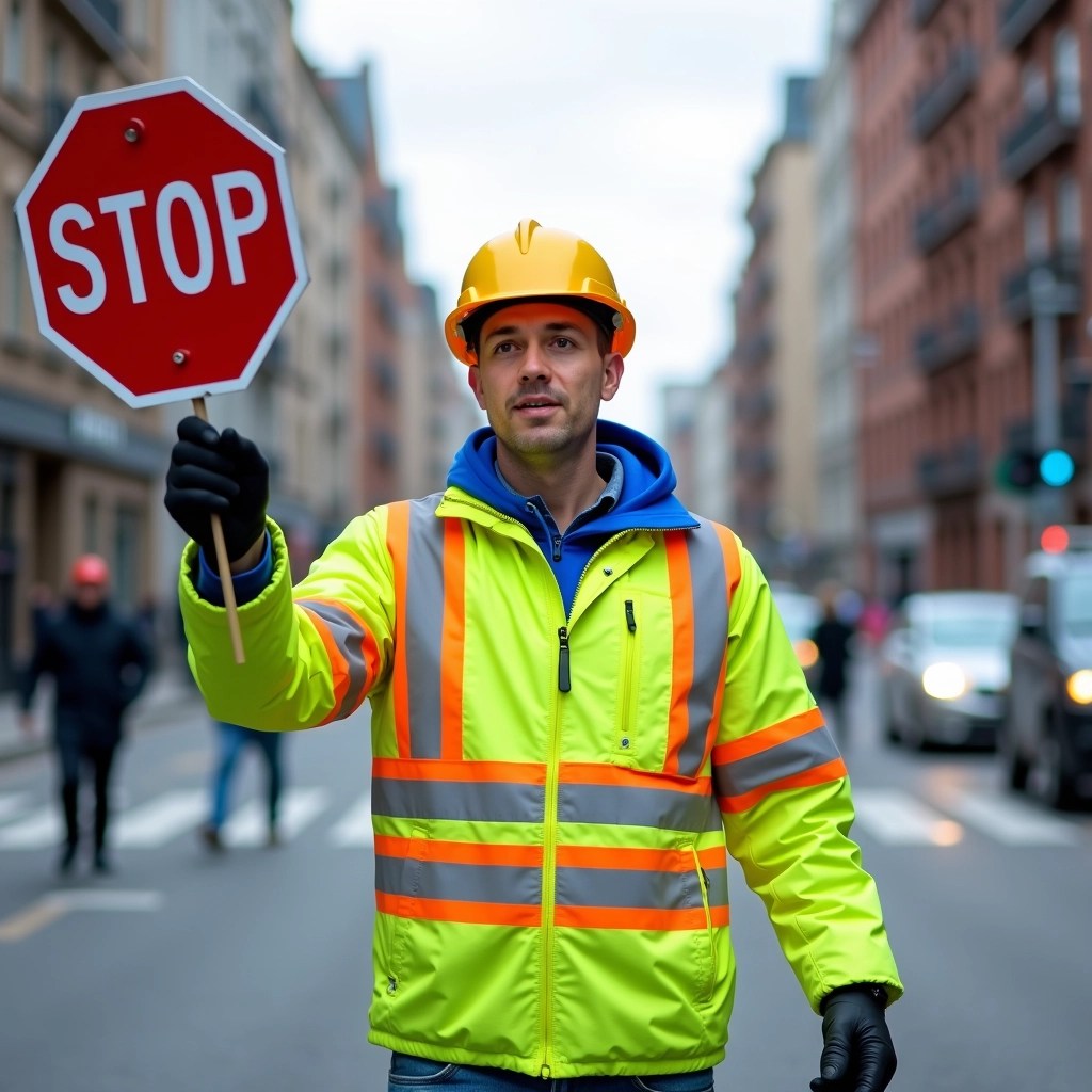 **Design Breakdown Prompt:**
Create an image of a construction worker directing traffic. The worker should be wearing a bright green jacket with blue reflective stripes instead of fluorescent yellow and orange. Change the background to a busy city street. The worker should be holding a stop sign in one hand and wearing a hard hat. Additionally, include a few pedestrians in the background to add context to the scene.