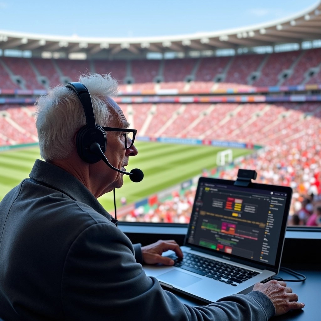 - **Setting**: A commentary booth overlooking a large, cheering crowd at an outdoor sports event.
- **Focus**: An older man with short white hair, wearing glasses and a gray jacket, speaking into a microphone.
- **Features to change**:
- Replace the man with a middle-aged woman with curly hair, using a headset.
- Change the backdrop to show a bright, sunny day with colorful banners instead of a dense crowd.
- **Equipment**: Remove any logos from the microphone and computer, possibly adding generic audio equipment.
- **Atmosphere**: Emphasize excitement with more visible fans, perhaps waving flags or holding up signs, while maintaining the focus on the commentator.
