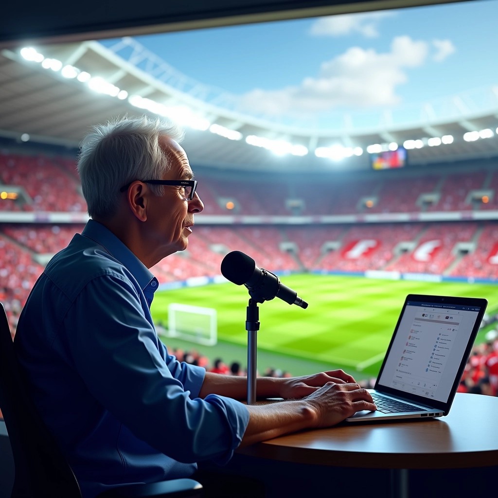 Design an image featuring a commentator in a broadcasting booth overlooking a sports stadium filled with cheering fans. The commentator, an older person with glasses, is speaking into a microphone and using a laptop. The booth is modern, with a sleek design and a clear view of the field. In the background, vibrant team colors are visible, and the atmosphere is lively and energetic. Remove any identifiable brand logos or product placements from the scene.