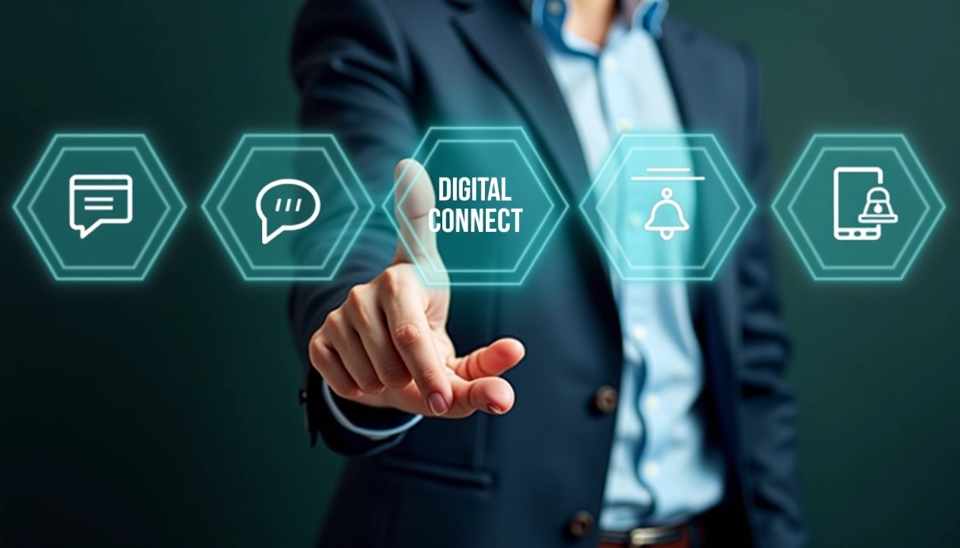 Create an image that features a person in a business casual outfit reaching out with their hand towards a series of hexagonal buttons.
1. **Button Texts**: Replace "SOCIAL MEDIA" with "DIGITAL CONNECT". The other buttons could represent "COMMUNICATION", "FEEDBACK", "NOTIFICATIONS", with relevant icons (like a chat bubble, a chat or feedback form, and a bell for notifications).
2. **Color Scheme**: Use a cool color palette with shades of blue and green for the background and buttons, giving it a modern and tech-savvy feel.
3. **Background**: Opt for a blurred gradient background instead of a simple dark background to create depth.
4. **Hand Position**: Keep the hand's position similar but ensure the fingers are slightly more spread out, giving a sense of interactive engagement.
5. **Lighting**: Use softer lighting that enhances the features of the hand and buttons without harsh shadows.