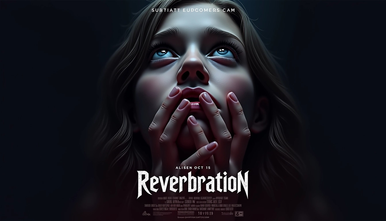 **Poster Design Breakdown:**
- **Background**: Dark and moody, creating an eerie atmosphere; consider a deep navy or dark red gradient for an unsettling feel.
- **Central Image**: A close-up of a person's face, gazing upward with an expression of fear or intrigue. Change the pose to feature a subtle shadowy figure emerging behind them.
- **Additional Element**: Instead of a hand clasping the mouth, incorporate wispy tendrils or ghostly shapes surrounding the face, suggesting a haunting presence.
- **Title Font**: Use a bold, angular font that feels unsettling—but with an intricate design that hints at the supernatural. Change the title to something evocative like "Reverberation."
- **Tagline**: Keep it short and chilling, e.g., “Confront Your Shadows.” Place it above the title.
- **Release Date**: Instead of "OCT 2," use a different date format like "JAN 15," positioned below the title in a clean, modern font.
- **Overall Color Scheme**: Maintain a muted palette with flashes of color for emphasis, such as silver or ghostly white for text.
This approach preserves the suspenseful essence while altering notable aspects.