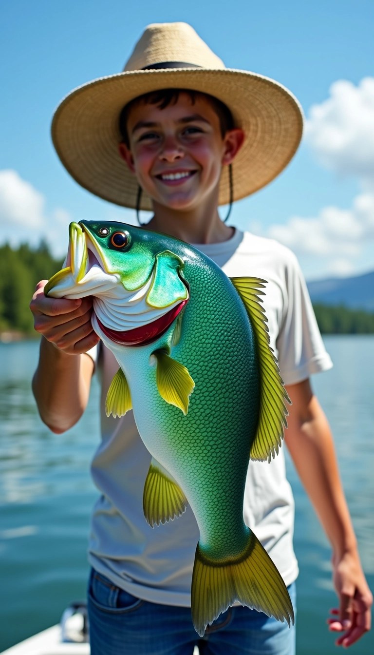 Design an image featuring a person with a big, brightly colored fish, but make the following changes:
1. Change the fish to a vibrant green and blue color scheme.
2. Alter the setting to a serene lake instead of an ocean.
3. Replace the person's clothing with a casual t-shirt and jeans.
4. Modify the hat to a wide-brimmed straw hat for a summery feel.
5. Remove any visible branding or logos from the clothing and hat.
Ensure the overall mood is cheerful and relaxed.