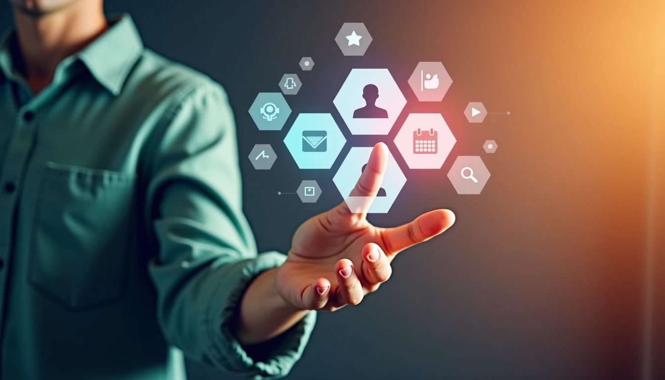 Design a new image featuring a person reaching out to interact with a set of hexagonal buttons.
**Elements to modify:**
1. **Visual Focus**: Change the background to a bright gradient instead of dark, creating a more inviting atmosphere.
2. **Icons**: Replace the existing icons with new representations:
- Change the group icon to a single user silhouette.
- Replace the thumbs-up icon with a star icon.
- Transform the 'SOCIAL MEDIA' label to 'CONNECT'.
- Instead of an envelope, use a calendar icon.
- Replace the megaphone with a chat bubble.
3. **Color Scheme**: Utilize a pastel color palette for the hexagonal buttons to enhance visual appeal.
4. **Attire**: Alter the person's outfit to a casual color, like green or orange, for a more approachable vibe.
5. **Hand Position**: Position the hand so it is slightly elevated, as if it is about to press the button for a more dynamic action shot.
6. **Lighting**: Adjust the lighting to create softer shadows, giving the image a more relaxed feel.
These changes will maintain the overarching concept while introducing fresh elements.