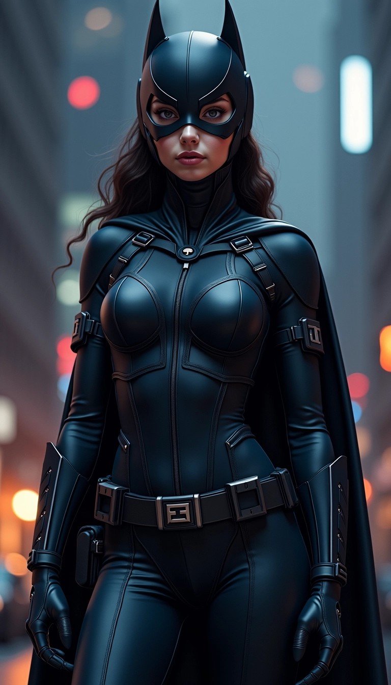 Create a character design featuring a female superhero. She should wear a sleek black bodysuit with a high collar and a flowing cape. The suit should have subtle embellishments that suggest a high-tech look.
Change the color palette to deep navy blue and silver accents. Instead of a mask with pointed ears, give her a simple eye mask that emphasizes her eyes. The lower part of the costume should include practical tactical utility belts, and her gloves should be fingerless for better dexterity.
Set the character in an urban nighttime environment with a backdrop of dimly-lit buildings, suggesting a sense of mystery and action.