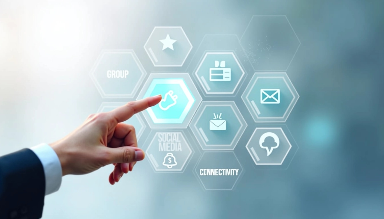 Create an image featuring a person's hand reaching toward a digital interface with the following features:
1. **Icons** - Replace the existing icons with new ones:
- Use an icon representing a group chat instead of a user group.
- Change the thumbs-up icon to a star for ratings.
- Instead of "SOCIAL MEDIA," label the central hexagon as "CONNECTIVITY."
- Swap the email icon with a cloud storage symbol.
- Use a notification bell icon instead of the megaphone.
2. **Background** - Maintain a soft-focus background but change the color to a lighter gradient, such as light blue to white.
3. **Hand Position** - Alter the angle of the hand so it appears more relaxed, slightly angled upward.
4. **Overall Style** - Aim for a sleek, modern aesthetic with a minimalist approach, ensuring all elements have a consistent color scheme, such as shades of blue and gray.
This revised design should convey a sense of digital communication and connection without brand references.