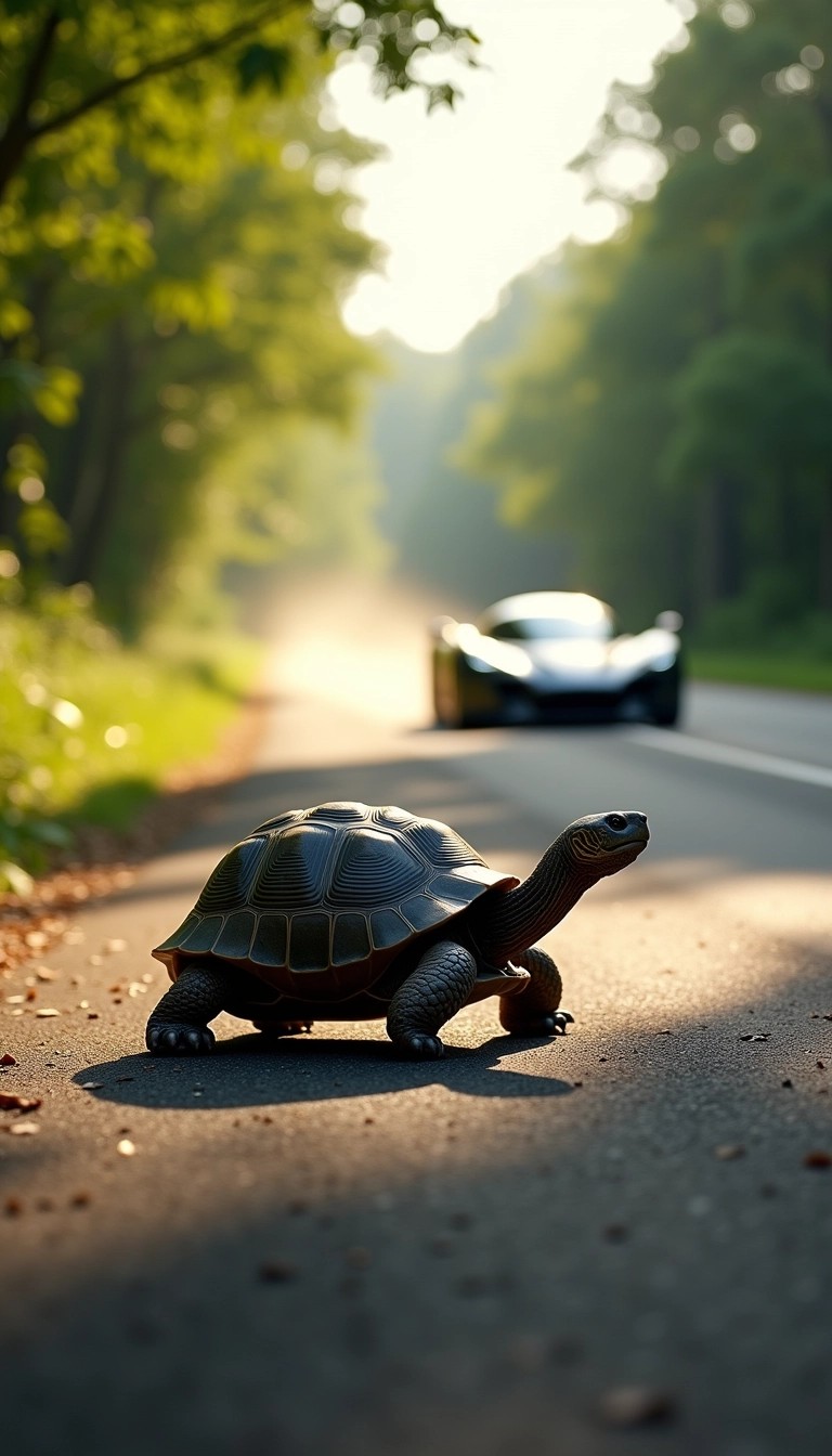**Prompt:**
Create an image featuring a tortoise slowly crossing a vibrant, winding road surrounded by lush green trees. Intense sunlight bathes the scene, casting long shadows. In the background, a sleek, futuristic vehicle, resembling a sports car but without any identifiable branding, approaches rapidly, kicking up dust. The focus is on the contrast between the tortoise's slow pace and the speed of the vehicle, highlighting themes of persistence versus haste. Remove all brand references and ensure the environment feels lively and dynamic.